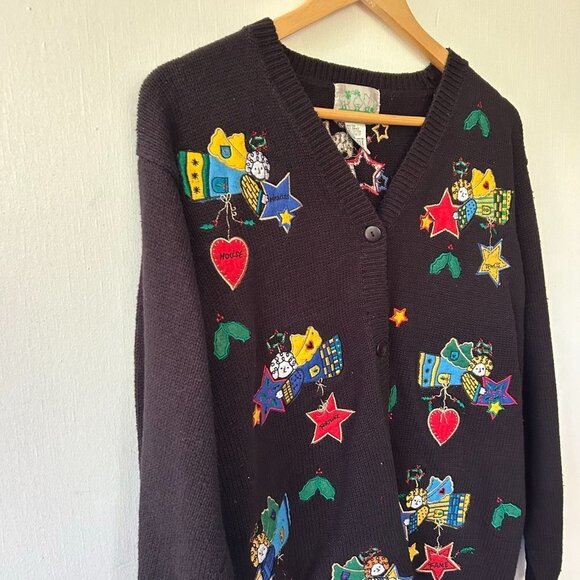 Quacker Factory Cardigan Womens Medium Black Knit Sweater Angels Miracles VTG - Picture 2 of 7